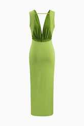 Deep V-neck Backless Slit Midi Dress - HouseofHalley
